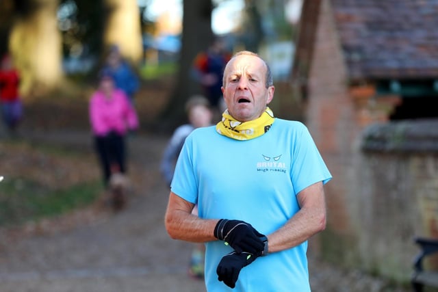 Kevin Gale catches his breath after finishing the Havant parkrun, Staunton Country Park