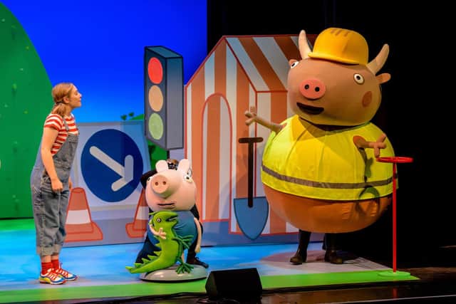Lizzie Burder (Daisy), George Pig and Mr Bull in Peppa Pig's Best Day Ever! Picture by Dan Tsantilis