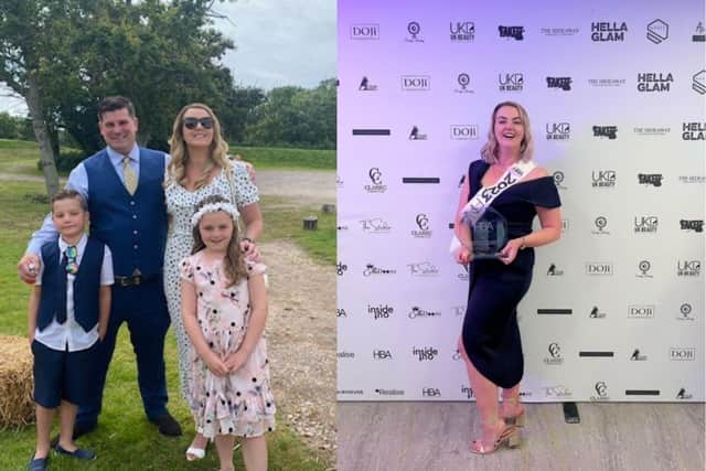 Caroline Neville has won a regional and national award for her brow business.
Pictured: Caroline (right) with her award and (left) with her husband and twins.