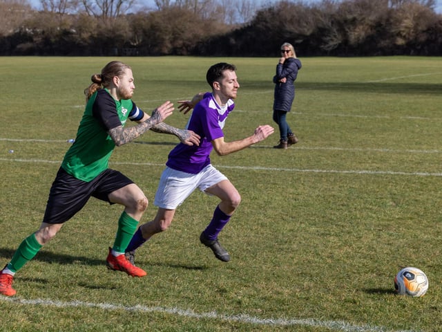 AFC Hilsea (purple) v Saturn Royale. Picture: Mike Cooter