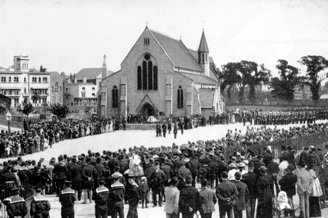 The Royal Garrison Church in Old Portsmouth
A postcard of a  Sunday church parade around 1900. It was a weekly event.