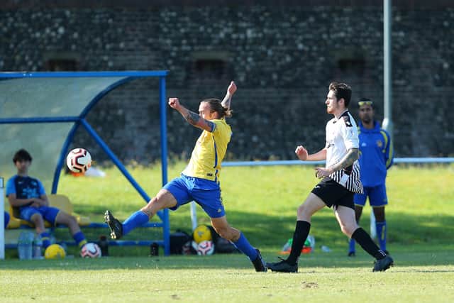 Meon Milton (yellow) v Whiteley Wanderers. Picture: Chris Moorhouse
