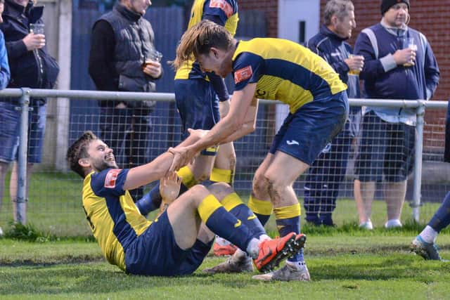 Moneyfields celebrate the FA Trophy win over Kidlington in the last round. Picture: Martyn White