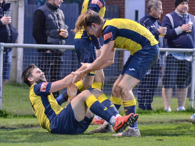 Moneyfields celebrate the FA Trophy win over Kidlington in the last round. Picture: Martyn White