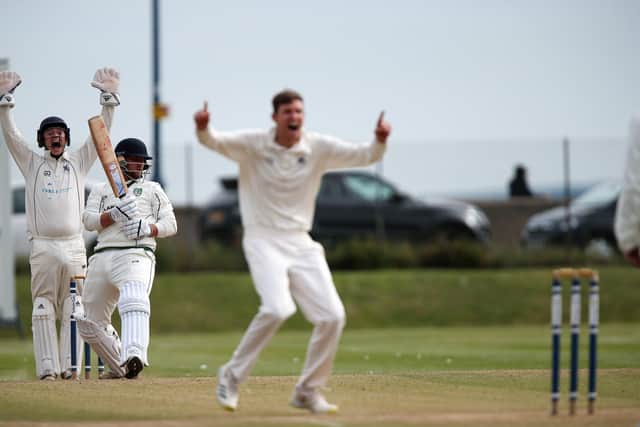Portsmouth's Andy Marston successfully appeals for a leg before verdict against Sarisbury captain Josh Hill.
Picture: Chris Moorhouse