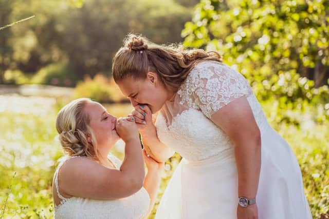 Paige and Bobbi Clarke tie the knot at The Tournerbury Woods Estate, Hayling Island. Picture by Carla Mortimer Wedding Photography.