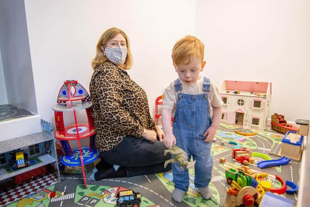Businesses reopening in Fareham on 17 May 2021Pictured: Rachel Parvin, with her grandson Eddie 2 months at Sweet Peas Play Cafe in FarehamPicture: Habibur Rahman