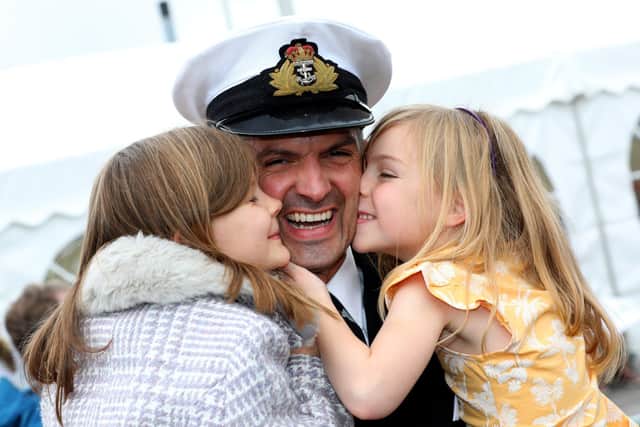 Homecomgin for HMS Brocklesby - first homecoming with families on the dock for almost two years at the base.

Pictured is Commander Officer Dan Lee meeting his daughters Abigail and Jemima

Picture: Sam Stephenson