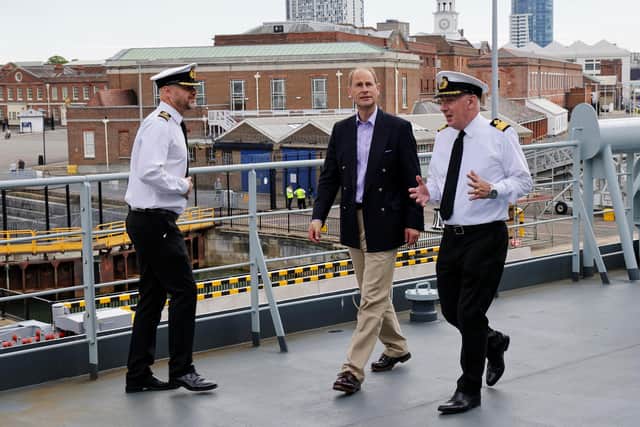 Prince Edward is shown around RFA Tidesurge by the head of the Royal Fleet Auxiliary, Commodore David Eagles, pictured right. Photo LPhot Ben Corbett
