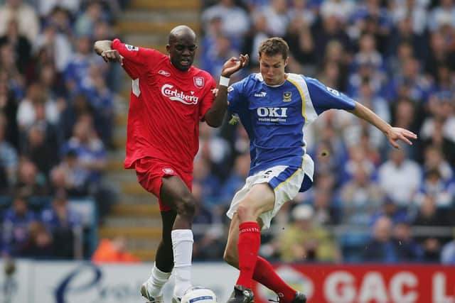 Brian Priske, seen here challenging Liverpool's Mohamed Sissoko, made 33 appearances for Pompey in 2005-06. Picture: Ben Radford/Getty Images