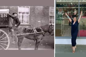 Frank William Daysh, on a horse and cart from Frank W. Daysh Bakery and Grocer (early 1900s) and Gemma Daysh, outside The Cookie Queen. on the same street in Cosham which her great great Grandfather had his bakery