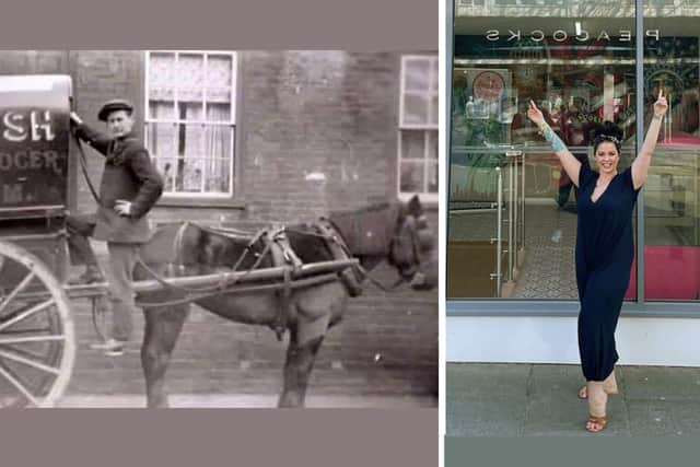 Frank William Daysh, on a horse and cart from Frank W. Daysh Bakery and Grocer (early 1900s) and Gemma Daysh, outside The Cookie Queen. on the same street in Cosham which her great great Grandfather had his bakery