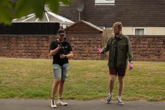 Brad Mackay, right, directing the short film Little Business, alongside director of photography, Jacob Neller