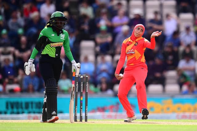 Abtaha Maqsood of Birmingham Phoenix Women in bowling action at The Ageas Bowl. Picture: Harry Trump/Getty Images.