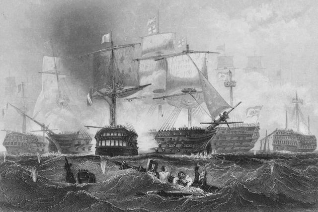 The Redoutable, a Temeraire class 74-gun ship of the line of the French Navy engages with the flag ship of Admiral Lord Horatio Nelson, HMS Victory at The Battle of Trafalgar between the Royal Navy and the combined fleets of France and Spain during the Napoleonic War of the Third Coalition on 21 October 1805 off Cape Trafalgar, Spain. Engraving by AH.Payne from an original painting by C.Graham. (Photo by Hulton Archive/Getty Images)