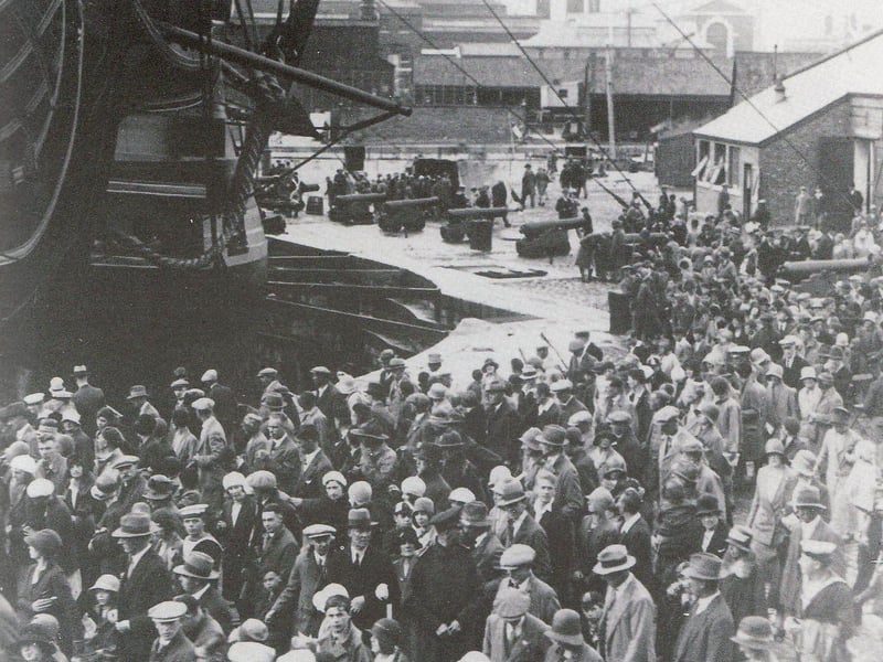 Crowds around the bows of HMS Victory at Navy Days, probably 1928.