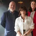 Bring The Drama host Bill Bailey with guest mentor Charlene McKenna (centre) - from Peaky Blinders - and casting director Kelly Valentine Hendry (Picture: BBC/Wall to Wall Productions/Dave King)