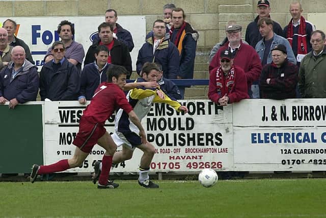 Dean Blake in action for Hawks in the FA Trophy semi-final second leg against Tamworth in 2003.