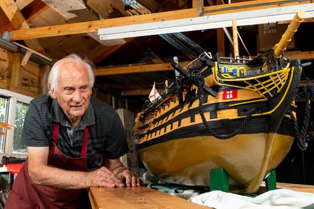 The 1:48 scale replica of HMS Victory in his workshop in Abingdon, Oxfordshire.
Picture: Jordan Pettitt/Solent News & Photo Agency