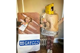 Rigby and Marla at home in Portsmouth dressed as Greggs items for World Book Day