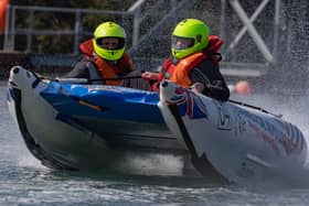 Me and experienced driver Aaron Hilton on a Zapcat in Horsea Lake, Port Solent, on April 8, 2023. Picture: Whendie Backwell.