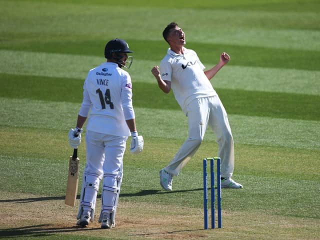 James Taylor celebrates dismissing James Vince on day three at The Oval. Photo by Jordan Mansfield/Getty Images for Surrey CCC.