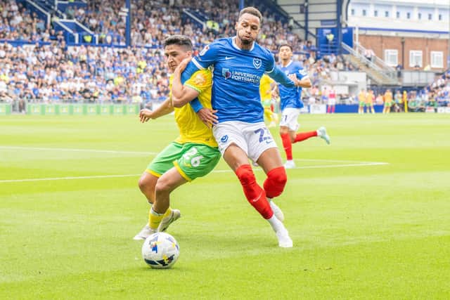 Josh Murphy battles with Norwich's Marcelino Núñez in the first half at Fratton Park. Picture: Steve Bailey/ProSportsImages
