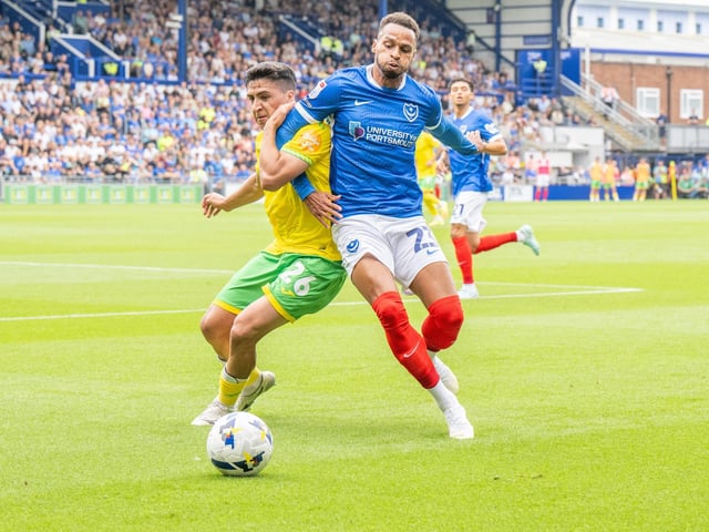 Josh Murphy battles with Norwich's Marcelino Núñez in the first half at Fratton Park. Picture: Steve Bailey/ProSportsImages