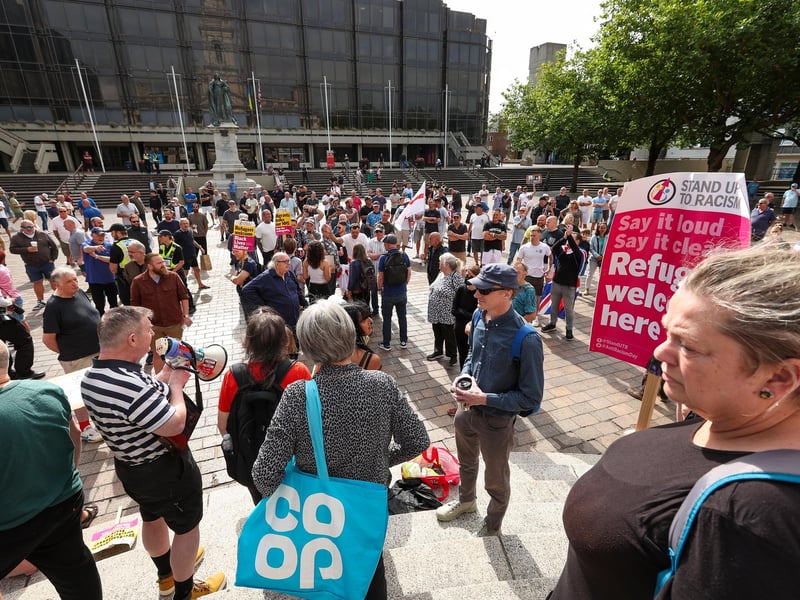 Protestors at Guildhall Square, Portsmouth. Picture: Chris  Moorhouse (030824-01)
