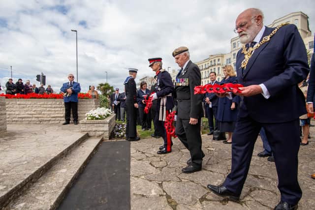 Pictured: Laying of the wreath by Nigel Atkinson, Lord-Lieutenant of Hampshire, left, and Lord Mayor of Portsmouth, Hugh Mason, right.
Picture: Habibur Rahman