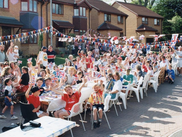 Street party at St Sebastian Crescent in Fareham, May 1995 celebrating 50 years since VE Day