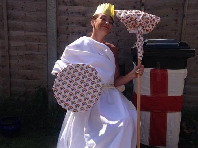 Debbie Knight, 51, decorated her bin and dressed as Britannia to help celebrate the VE Day anniversary.