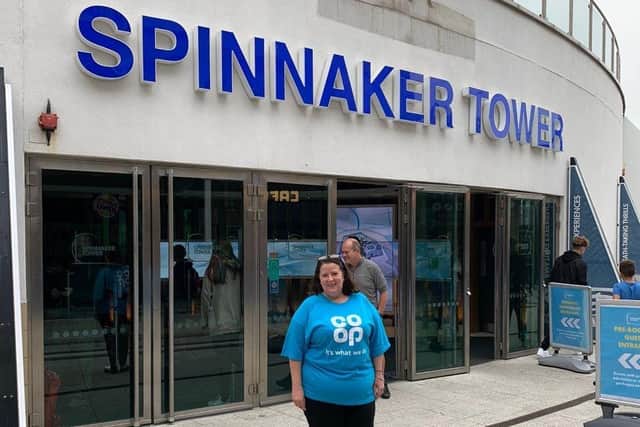 Penelope outside the Spinnaker Tower