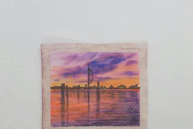 A painting of Spinnaker Tower, which Caroline created on a used teabag. Picture: Ella Sandy/family handout/PA Wire