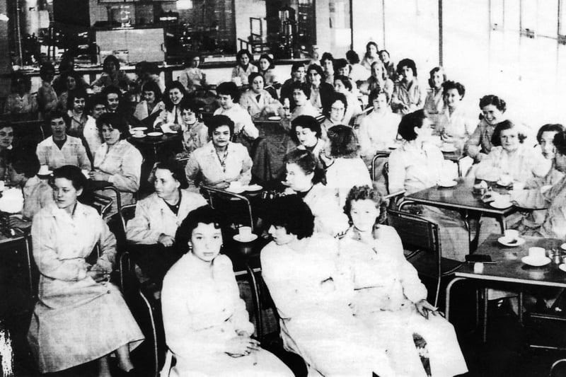 Tea break. Women in the canteen at the Guards factory at Fratton bridge in 1957