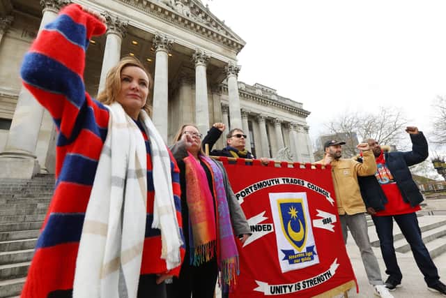 From left, Anna Lilley, Michelle Lincoln, chair of Portsmouth Trades council Jon Woods, Mark Sage and Khalid Sidahmed at a cost of living protest organised by Portsmouth Trades Council at the Guildhall, Portsmouth. They said they wanted 'a fair society for everyone, not just bankers and billionaires'. Picture: Chris Moorhouse (jpns 020422-36)