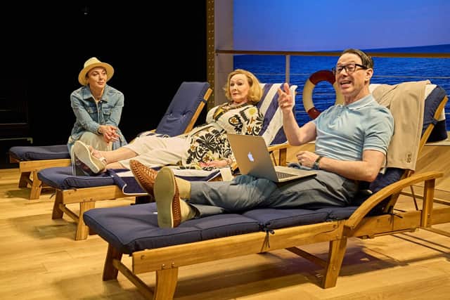 Amanda Abbington (as Debbie), Frances Barber (as Elsa) & Reece Shearsmith (as Peter) in The Unfriend at Chichester Festival TheatrePhoto by Manuel Harlan