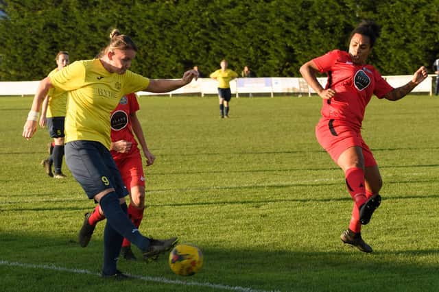 Sheree Bell-Jack, left, struck twice as Moneyfields hammered Woodley 9-0 on their way to the Subsidiary Cup final against Abingdon. Picture: Keith Woodland