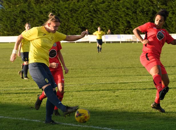 Sheree Bell-Jack, left, struck twice as Moneyfields hammered Woodley 9-0 on their way to the Subsidiary Cup final against Abingdon. Picture: Keith Woodland