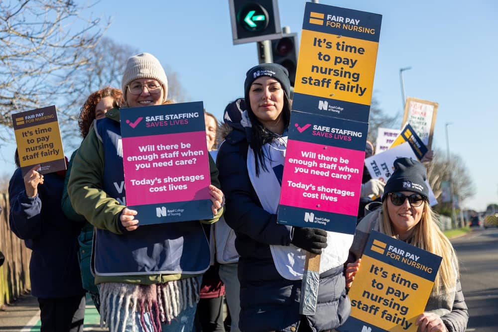 Nurses striking on Wednesday lunchtime outside Queen Alexandra Hospital, Portsmouth, January 18, 2023
Photos by Alex Shute