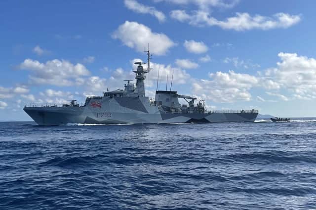HMS Tamar pictured during a major military drill in the Indo-Pacific off the coast of Malaysia last week.