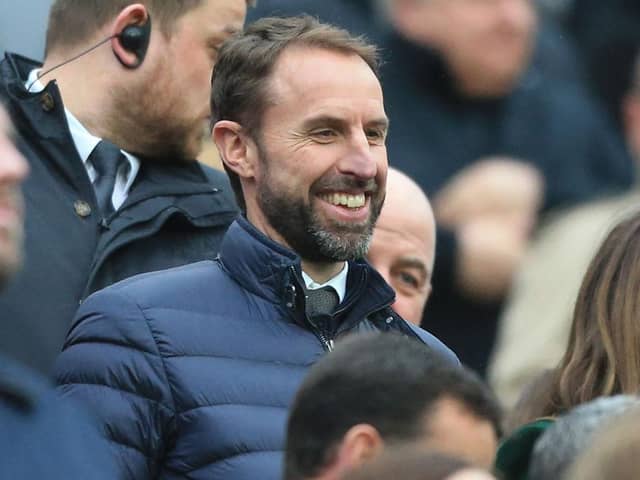 England manager Gareth Southgate takes his seat for the English Premier League football match between Newcastle United and Aston Villa at St James' Park in Newcastle-upon-Tyne, north east England on October 29, 2022. (Photo by LINDSEY PARNABY/AFP via Getty Images)