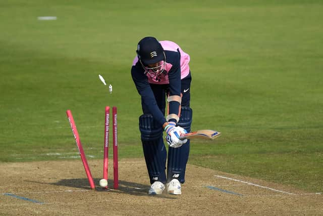 Steve Finn is bowled to give Shaheen Afridi his second wicket in successive balls. Photo by Alex Davidson/Getty Images.