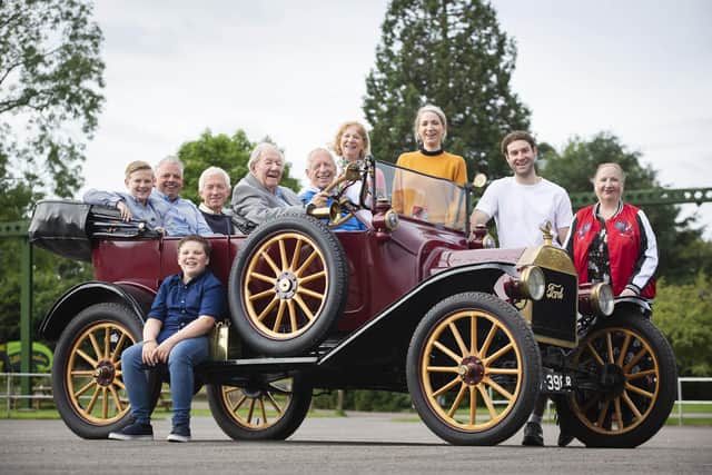 Harold Baggott, 101, with three generations of his family and a Model T Ford at the Beaulieu Motor Museum Picture: Matt Alexander/PA Wire