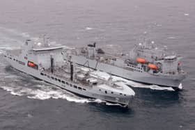 Royal Fleet Auxiliary officers are voting for industrial action across the UK. Picture is RFA Tidesurge (left), carrying out a replenishment at sea with another RFA vessel, RFA Argus. Picture: Crown Copyright/PA Wire 
