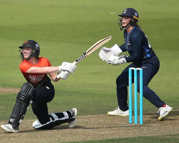 Emily Windsor of Southern Vipers plays a shot during the Charlotte Edwards Cup semi-final eliminator against Northern Diamonds at The Ageas Bowl. Photo by Steve Bardens/Getty Images.