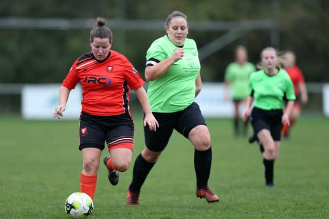 Laura Streeter, left, in action for AFC Portchester against AFC Bedhampton in the PDFA Cup at The Crest Finance Stadium. Picture: Chris Moorhouse