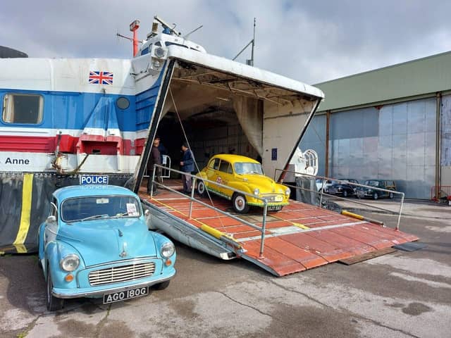 Miranda on the bow ramp of The Princess Anne hovercraft