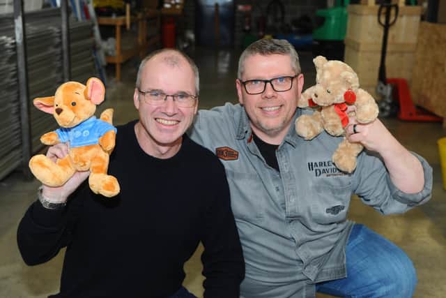 Pictured is: (l-r) Steve Holland (55) and Terry Buckel (50) with just a handful of the supplies which have been donated.
Picture: Sarah Standing (040322-205)