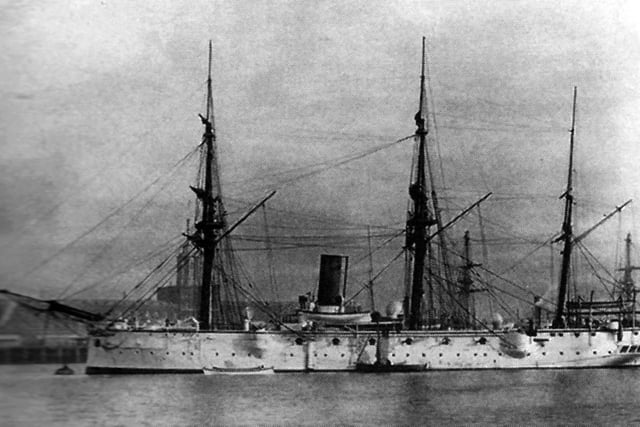 HMS Calliope in Portsmouth Harbour 1884. A transition scene in Portsmouth Harbour with the ship-rigged cruiser HMS calliope built at Portsmouth and launched in 1884.